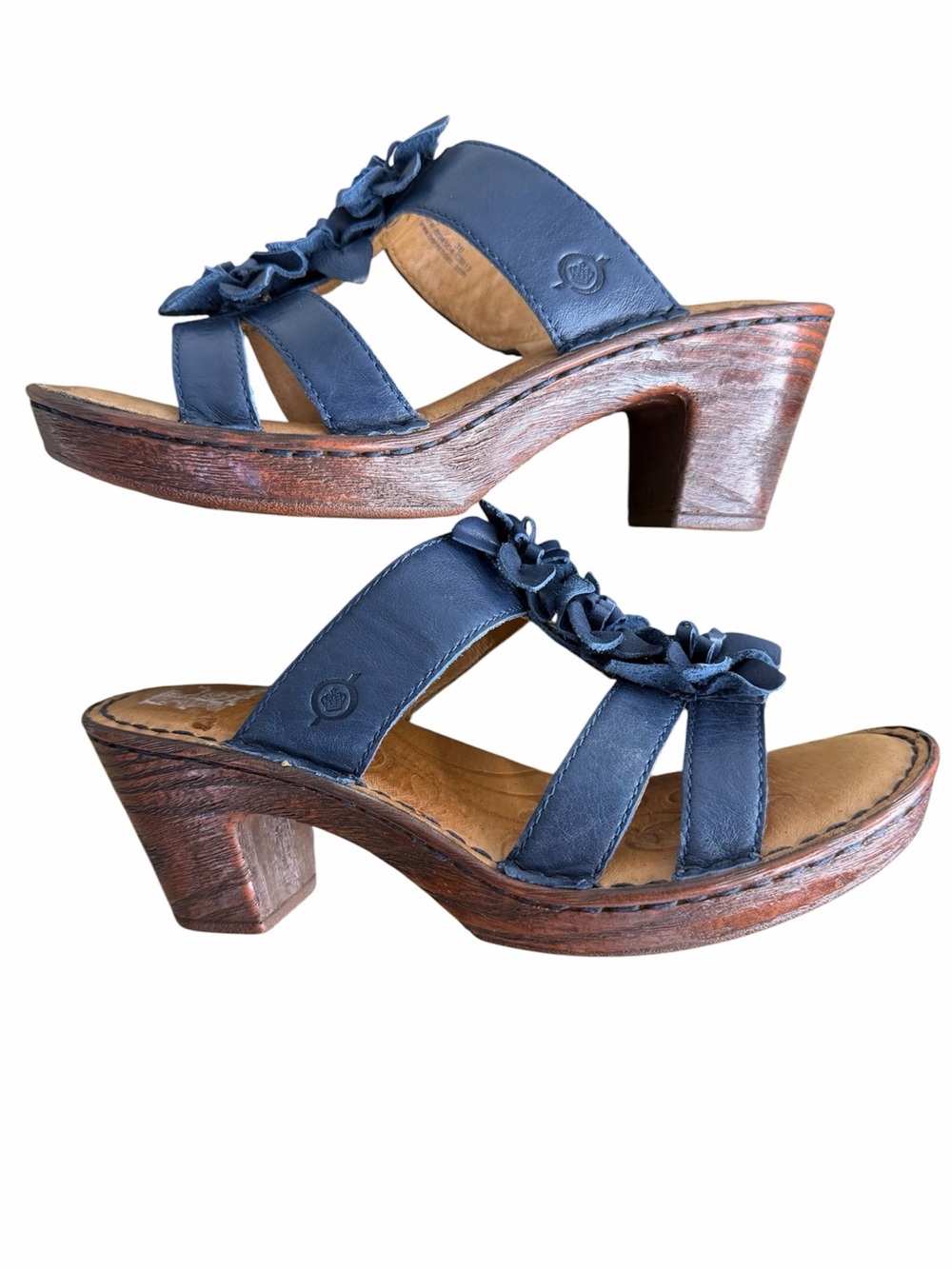 Born Zenia Leather Slip-On Heel Sandals Shoes size 7/38 Blue Floral Flower
